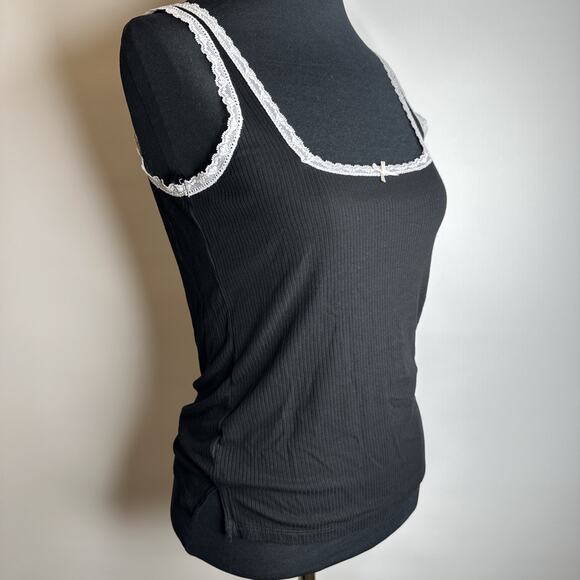 Honey Dew Fine Rib Lace Trim Tank Top Cami Square Neck Black Size S Soft Comfy - Picture 5 of 8